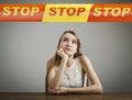 Girl in white and STOP line. Royalty Free Stock Photo