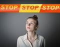 Girl in white and STOP line. Royalty Free Stock Photo