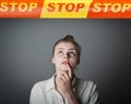 Girl in white and STOP line. Royalty Free Stock Photo