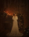 A girl in a white vintage dress with open shoulders stands against the background of an old piano and candles. Gothic Royalty Free Stock Photo