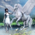 Girl and a white winged horse Royalty Free Stock Photo