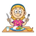 girl who is eating nutritious food with milk and fruit cartoon