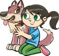 Girl who kneels and hugged the dog