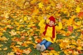 A girl with a wide smile is sitting on a carpet of red and yellow leaves in an autumn park. Royalty Free Stock Photo