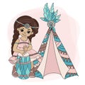 GIRL WIGWAM Pocahontas Indian Princess Vector Illustration Set Royalty Free Stock Photo