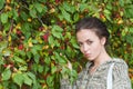 Girl and wild apple tree Royalty Free Stock Photo