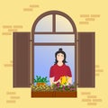 The girl in the window with a watering can waters the plants. Home flowers in boxes. Spring illustration. Vector.