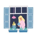 Girl in a window watering plants.Hand drawn vector illustration. Stay home concept. Self isolation during quarantine