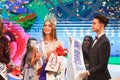 Girl winner enjoys moments of victory in a crown on stage of Miss Vinnytsia 2020 Beauty Contest