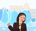 Girl on winter city street. Cute woman vector illustration in flat style walk in winter time