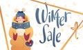 Girl in winter clothes in cartoon style with banner about the sale. Beautiful vector flat design set template. Christmas flyer Royalty Free Stock Photo