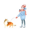 A girl in winter clothes with a phone in her hands walks with a dog