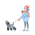 A girl in winter clothes with a phone in her hands walks with a dog. Watercolor illustration in cartoon style