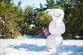 The girl in the winter hiding behind a large snowman. Children in pink jackets and glasses in the sun jumping in the Royalty Free Stock Photo