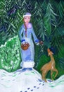 The girl in the winter forest. Illustration of S. Marshak`s tale  `Twelve Months.` Children`s drawing Royalty Free Stock Photo