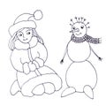 Girl in winter outfit and snowman, graphic linear drawing on white background