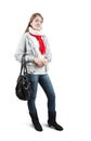 Girl in wintry clothes with bag over white Royalty Free Stock Photo