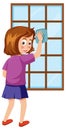 A girl wiping window by rag