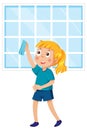 A girl wiping window by rag