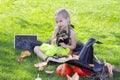 Girl in a witch costume for the Halloween holiday.