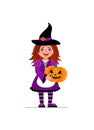 A girl in a witch costume holds a pumpkin for Halloween. Illustration in cartoon style.