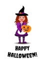 A girl in a witch costume holds a pumpkin for Halloween. Illustration in cartoon style.