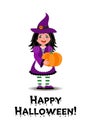 A girl in a witch costume holds a pumpkin for Halloween. Illustration in cartoon style.