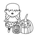 Girl witch costume and pumpkins trick or treat happy halloweenline design Royalty Free Stock Photo