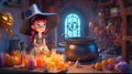 Girl witch make magic potion in cauldron. fantasy of wizard interior with boiling pot. generative ai