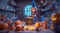 Girl witch make magic potion in cauldron. fantasy of wizard interior with boiling pot. generative ai