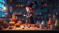 Girl witch make magic potion in cauldron. fantasy of wizard interior with boiling pot. generative ai