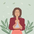 Flat illustration with woman with psoriasis on green background with plants Royalty Free Stock Photo