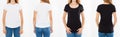 Girl,woman in black and white t shirt isilated on white background,template,blank