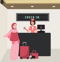 Girl woman check in airline flight front desk travel wearing veil bring baggage