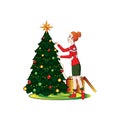 Girl woman decorates a Christmas tree. Vector color illustration