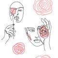Girl, woman face, portrait, head with roses. Modern vector pattern for wrapping, textile, fabric