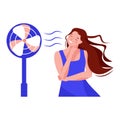 A girl or woman in front of an electric fan on hot summer days. Air conditioning refreshing and refrigeration concept. Vector