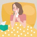 Girl woman get flu sneeze bed rest cough spreading virus Royalty Free Stock Photo