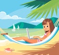 Girl woman male freelancer working telecommuting, telework teleworking from beach