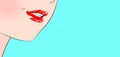 Girl, woman, mouth in flat vintage style, background. Face close up, retro design backdrop. Vector Royalty Free Stock Photo