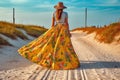 beach woman hippie beautiful summer fashion sea person lifestyle dress nature. Generative AI. Royalty Free Stock Photo