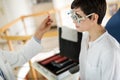 Girl woman in ophthalmology clinic for diopter detection Royalty Free Stock Photo