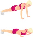 A girl or a woman performs a push-up from the floor.