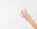 Girl woman`s hand shows four fingers. Gesture. human hand. Mock up. Copy space. Template. Blank. Royalty Free Stock Photo