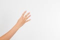 girl woman`s hand shows four fingers. Gesture. human hand. Mock up. Copy space. Template. Blank. Royalty Free Stock Photo