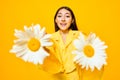 woman young model flower portrait fresh yellow pretty chamomile happiness smile