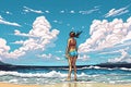 girl or woman in swimsuit standing on beach looking out at ocean and huge bright blue sky filled with puffy white cumulous clouds