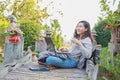 Girl working on her laptop computer outside Royalty Free Stock Photo