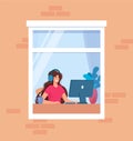 Girl working at home. Stay home, online learning concept, remote work. Freelancer at the computer in headphones. Social