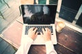 Girl working with laptop in a cafe with cup of coffee Royalty Free Stock Photo